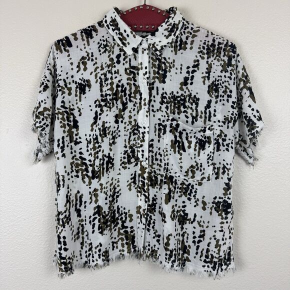 Philosophy Short Sleeve Button Down Top Frayed White Brown Black Spotted Medium - Picture 1 of 13